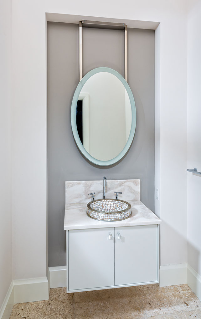 Unique ceiling mounted mirror and floating sink